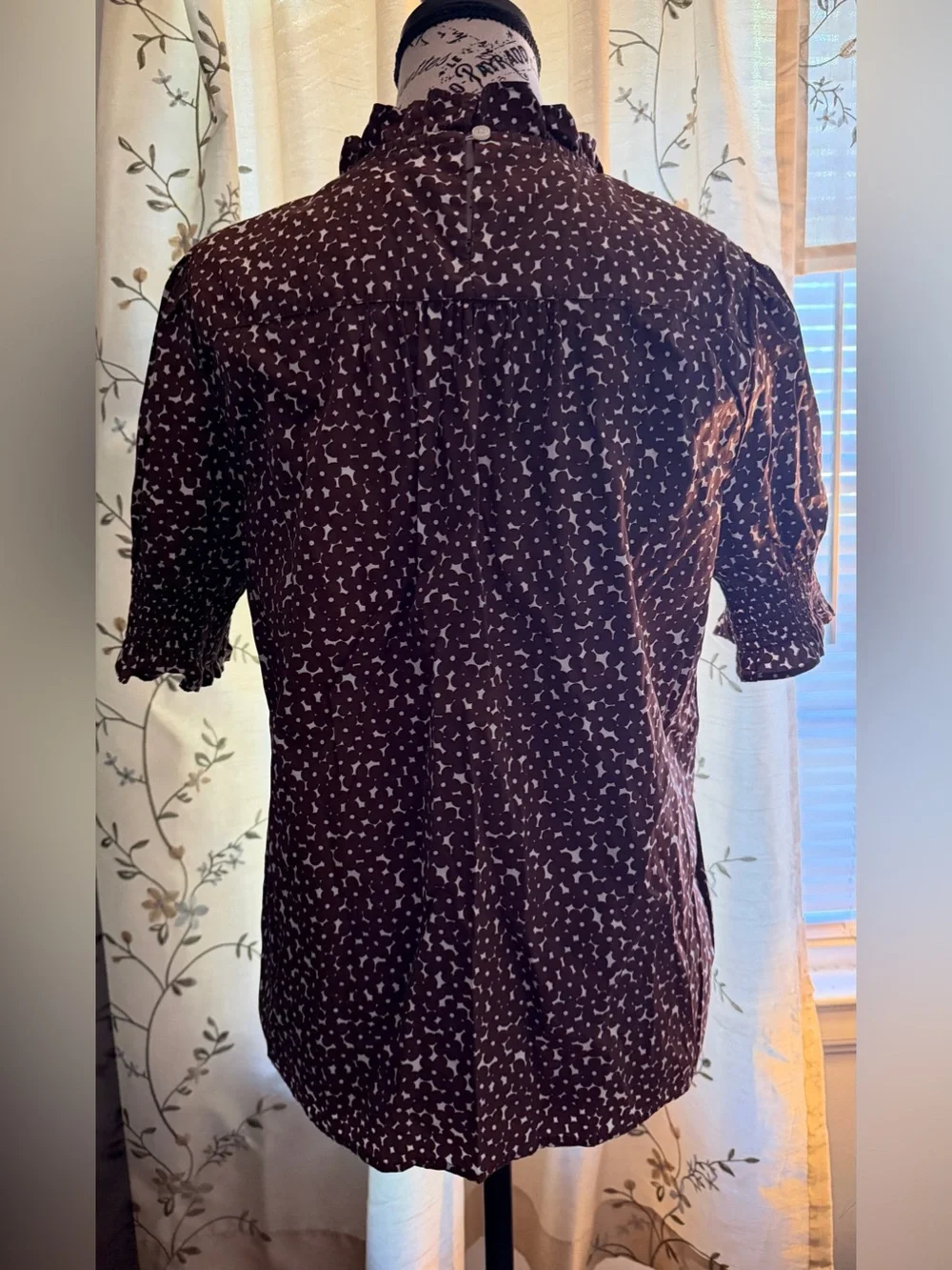 J. Crew Smocked cotton poplin puff-sleeve top in mocha floral